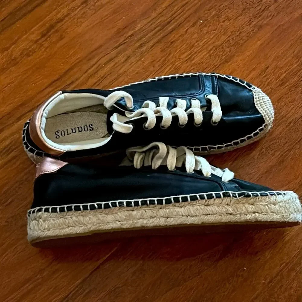 Soludos Leather Espadrille Sneakers Black Size 7 NWT